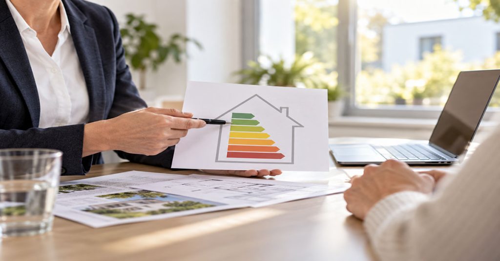 Beraterin zeigt anhand einer Energieeffizienzskala die energetische Bewertung eines Hauses und erläutert den Bedarfsausweis beim Immobilienverkauf.